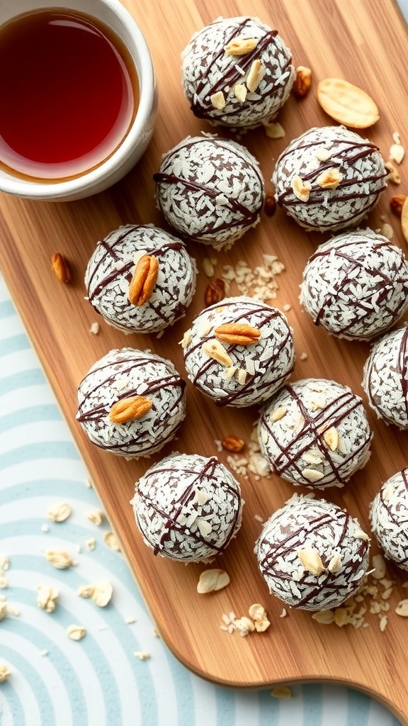 A wooden platter with nutty chocolate energy bites, some topped with nuts and a small cup of syrup on the side.