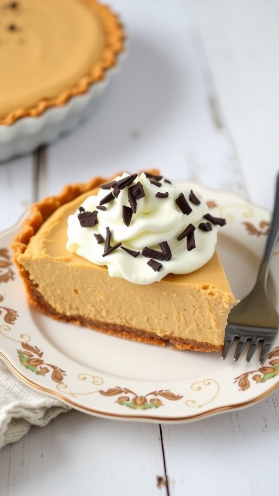 A slice of no-bake peanut butter pie topped with whipped cream and chocolate shavings on a decorative plate.