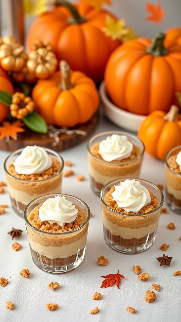 No-Bake Pumpkin Cheesecake Cups with whipped cream on top, surrounded by decorative pumpkins and fall leaves.