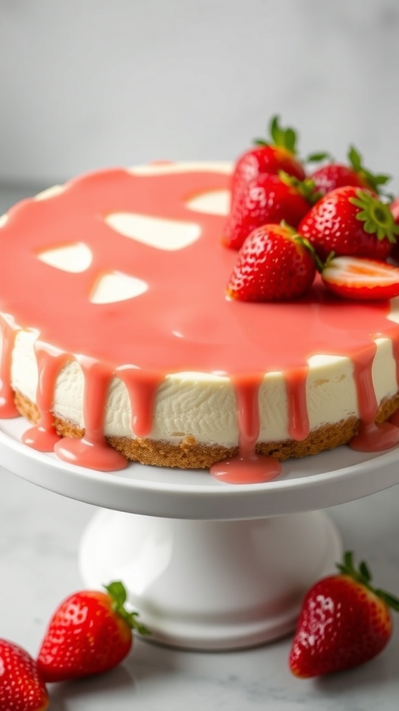 A beautiful no-bake strawberry cheesecake topped with fresh strawberries and strawberry sauce, displayed on a white cake stand surrounded by flowers.