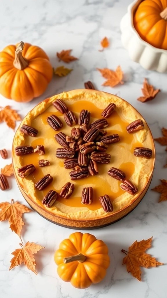 A no-bake vegan pumpkin cheesecake topped with pecans and caramel, surrounded by small pumpkins and autumn leaves.