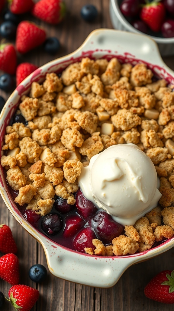 A delicious berry crumble topped with a scoop of vanilla ice cream, surrounded by fresh berries.