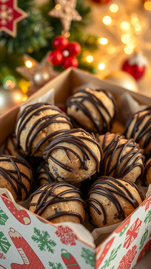 A box of chocolate chip cookie dough truffles drizzled with chocolate, decorated for Christmas.