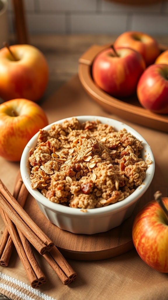 A bowl of apple crisp with fresh apples and cinnamon sticks.