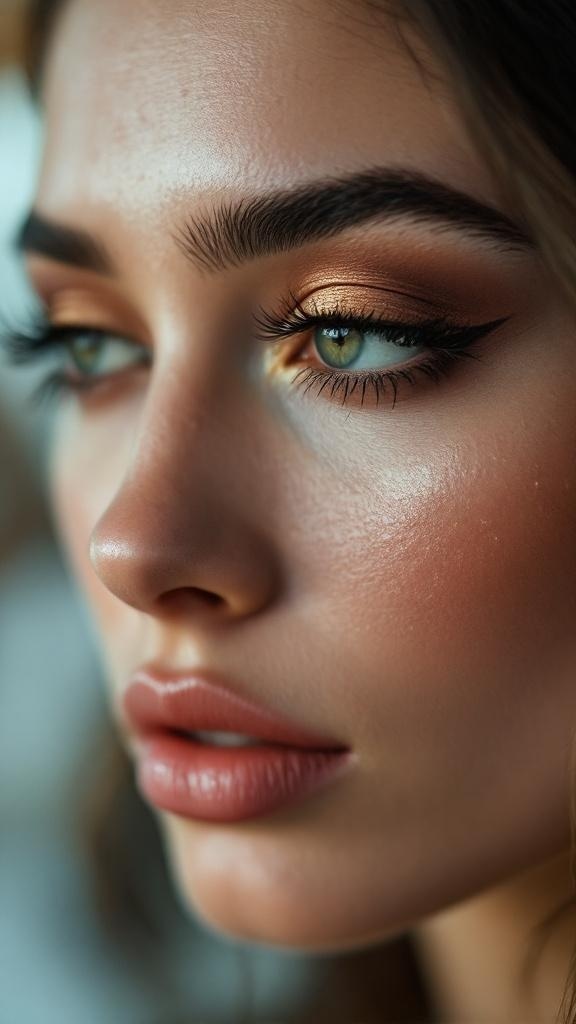 Close-up of a woman's eye with beautifully blended eyeshadow, showcasing warm tones and a flawless look.