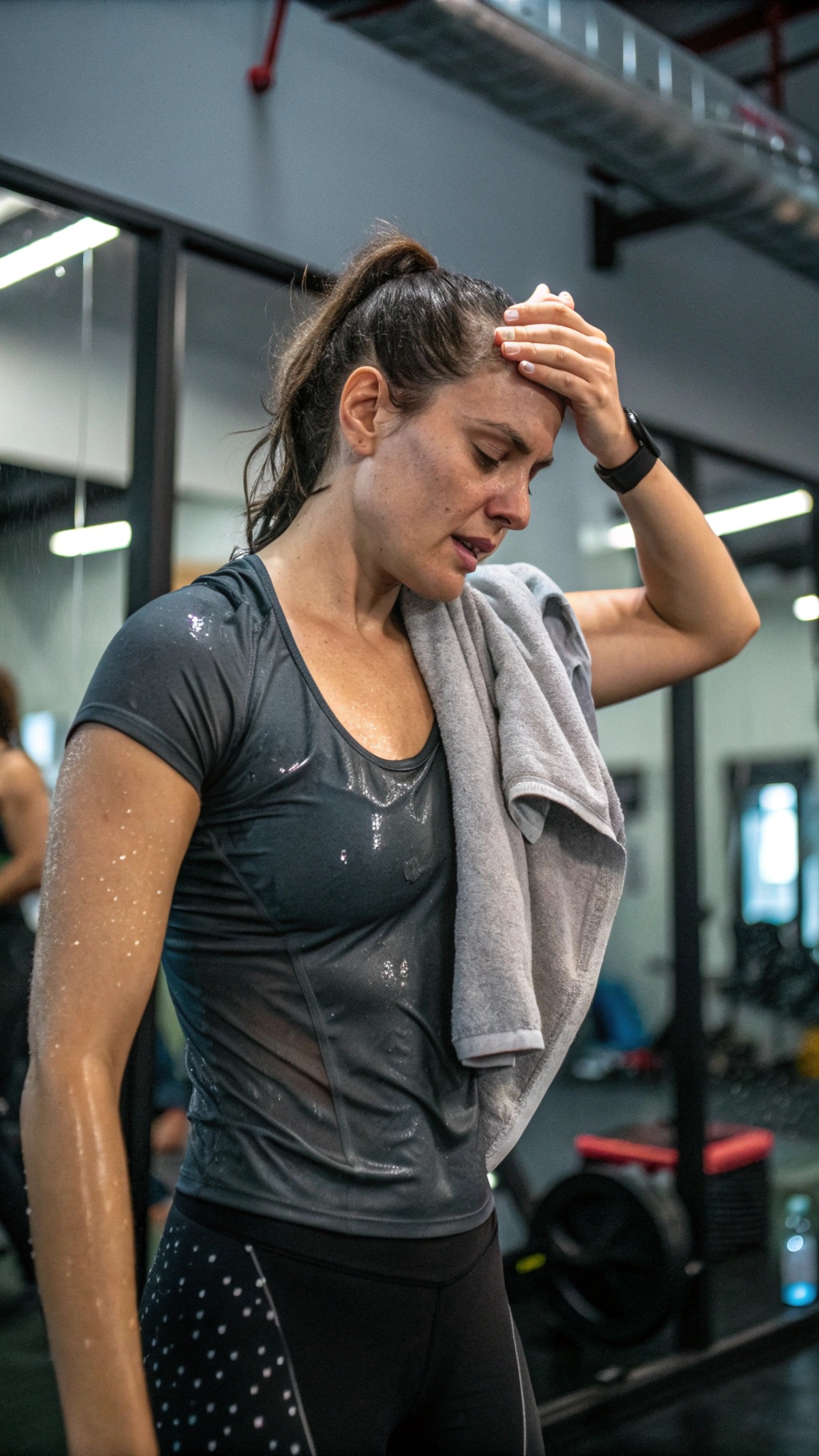 A woman in a gym looking sweaty and tired during a workout.