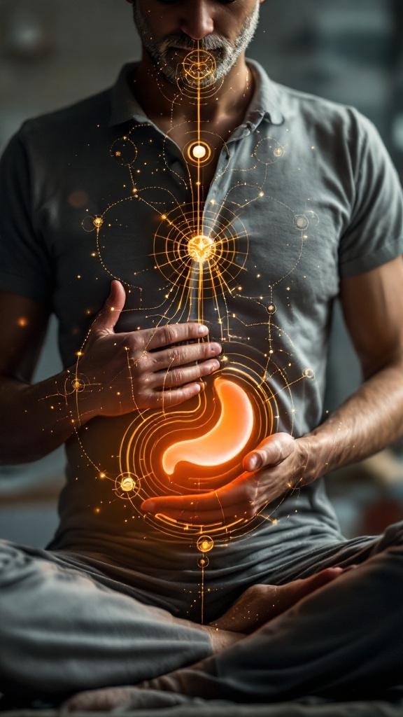 A person meditating with a warm light in their belly, symbolizing mindfulness and self-awareness.