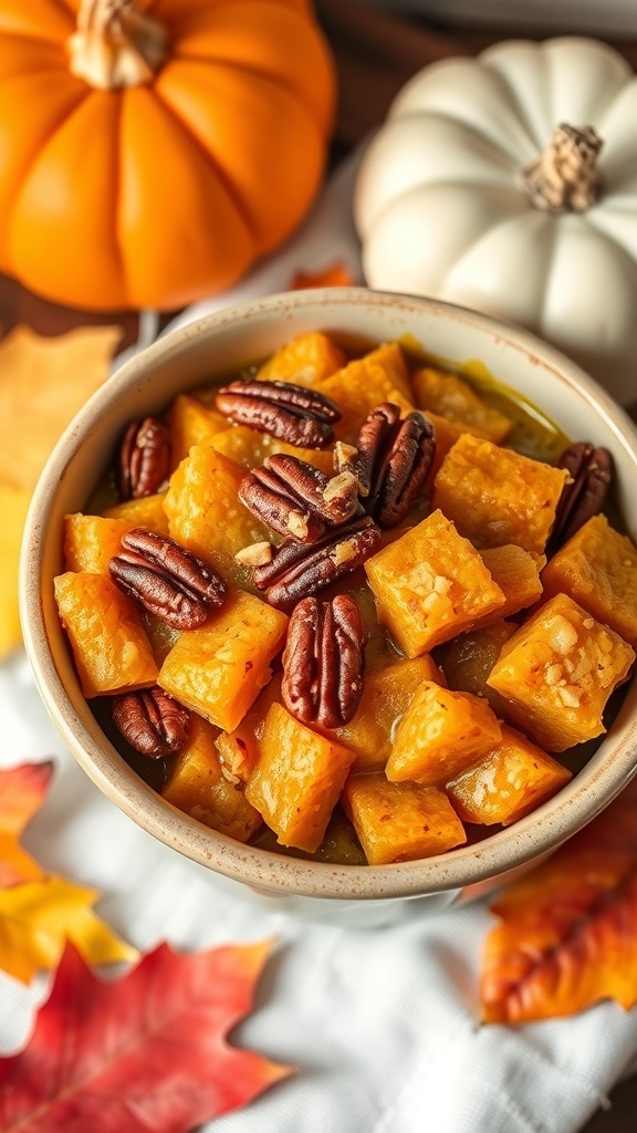 A bowl of nutty pumpkin spice bread pudding with pecans, surrounded by autumn leaves.