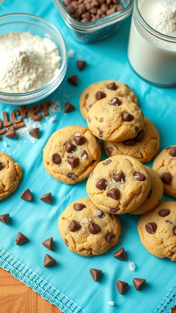 Nut-free chocolate chip cookies on a blue background with ingredients