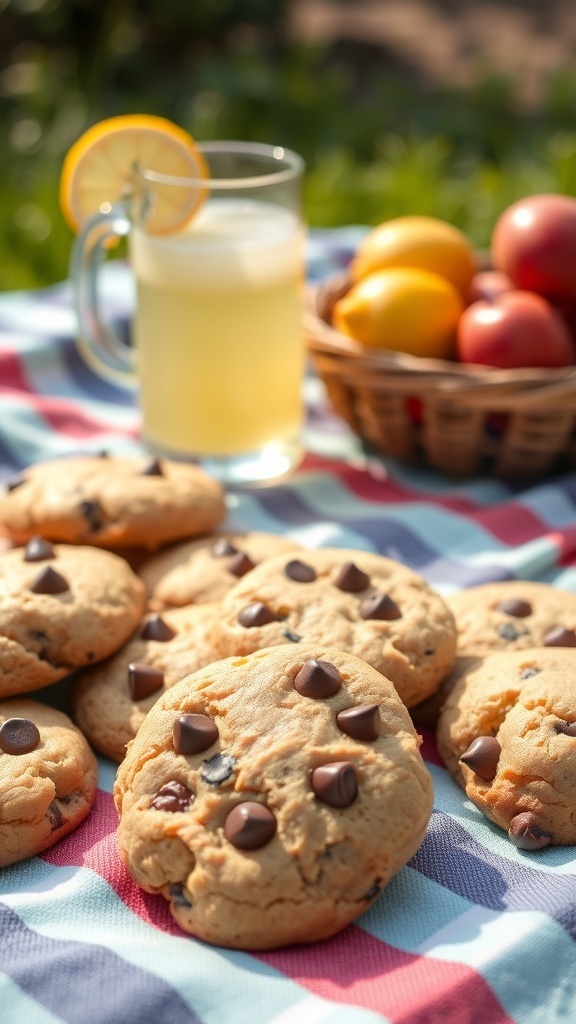 Nut-free keto chocolate chip cookies on a picnic blanket with a drink and fruits.