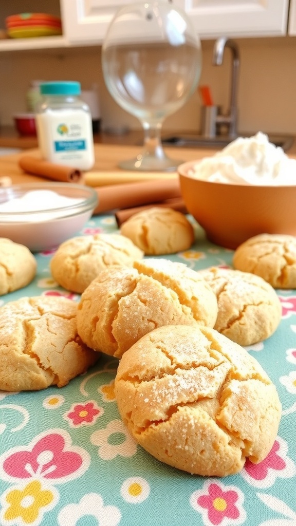 Nut-free snickerdoodle cookies on a colorful tablecloth with baking ingredients in the background.