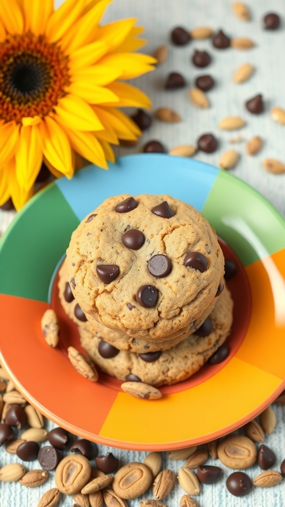 Sunflower seed chocolate chip cookies stacked on a colorful plate with sunflower and chocolate chips around.