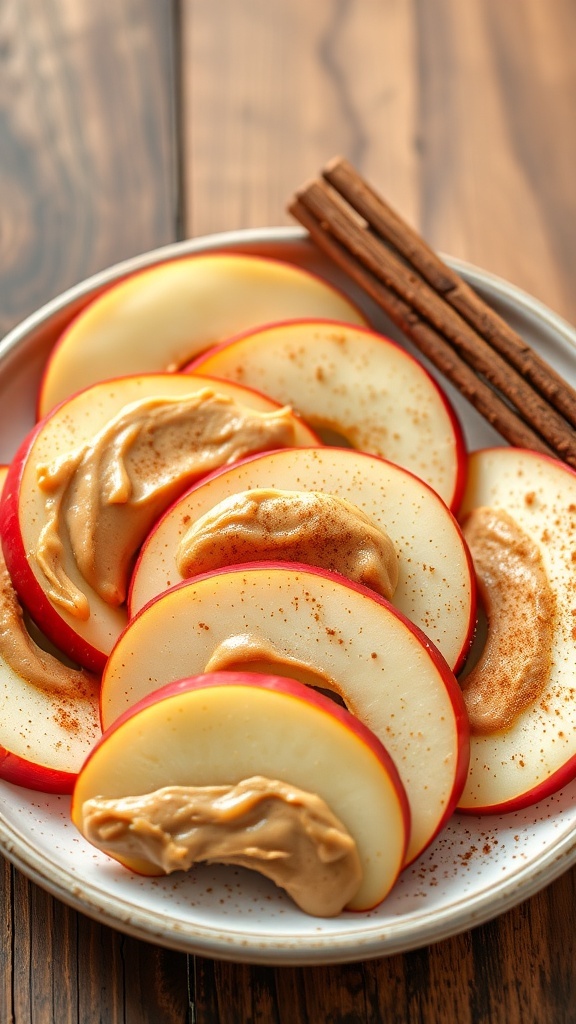 Apple slices with nut butter and cinnamon on a plate