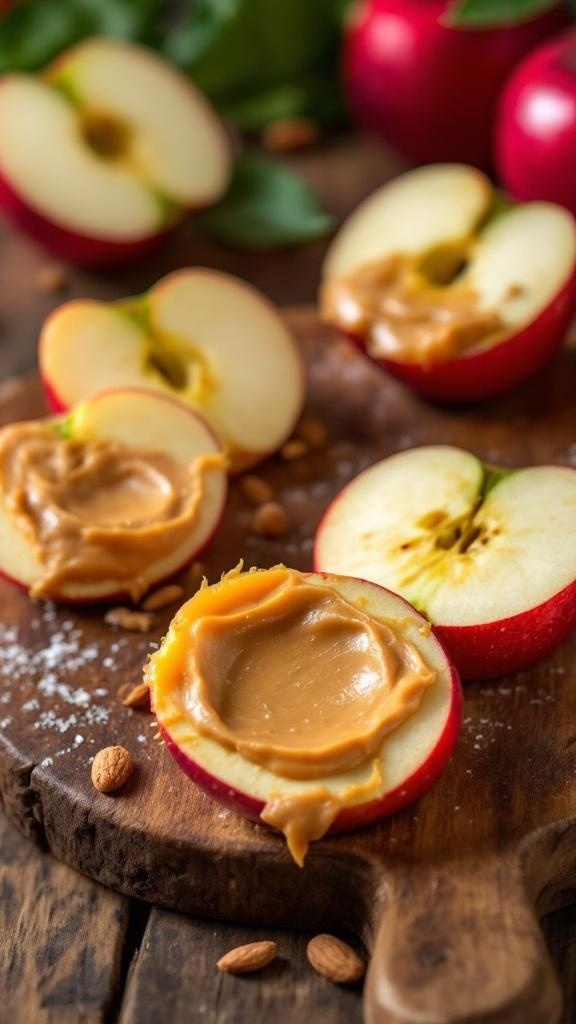 Apple slices topped with nut butter on a wooden cutting board