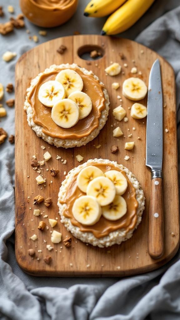 Rice cakes topped with nut butter and banana slices on a wooden cutting board