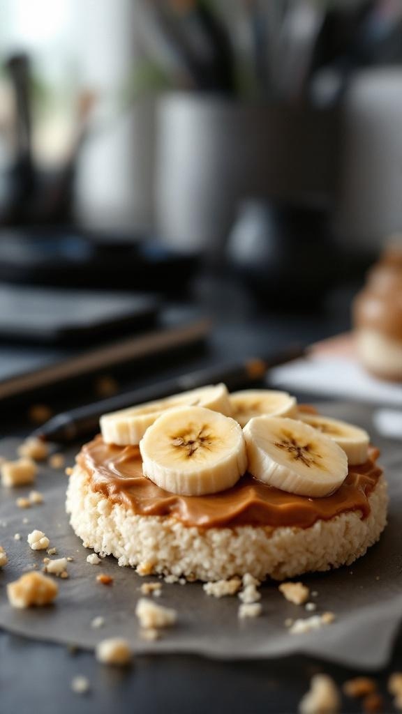 Rice cake topped with nut butter and banana slices on a table.