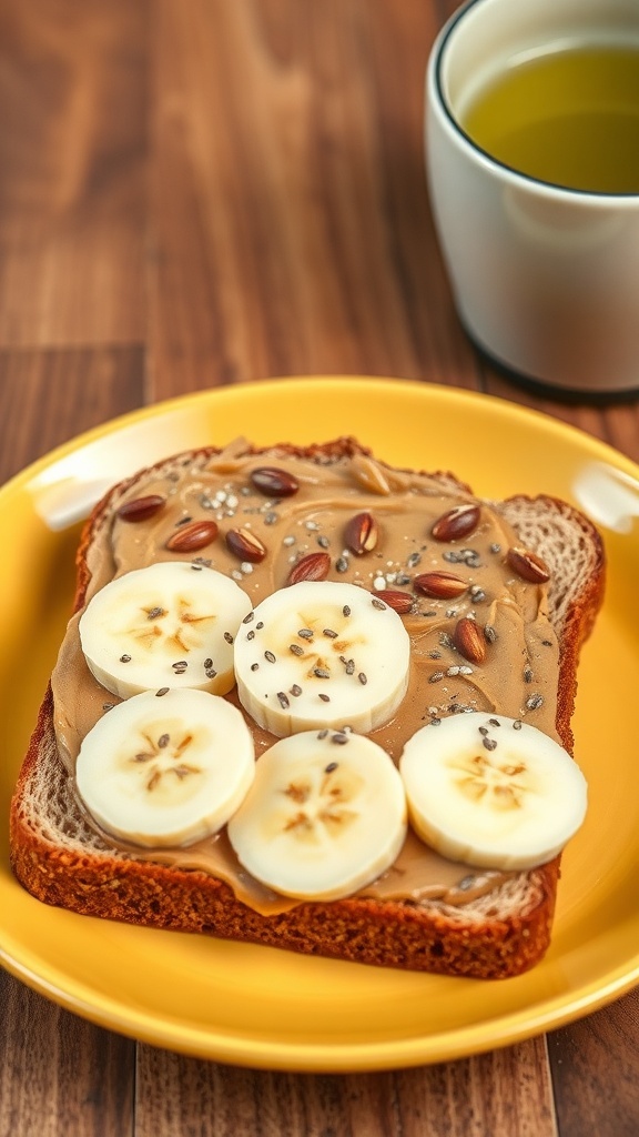 Nut butter and banana toast on a yellow plate with a cup of tea