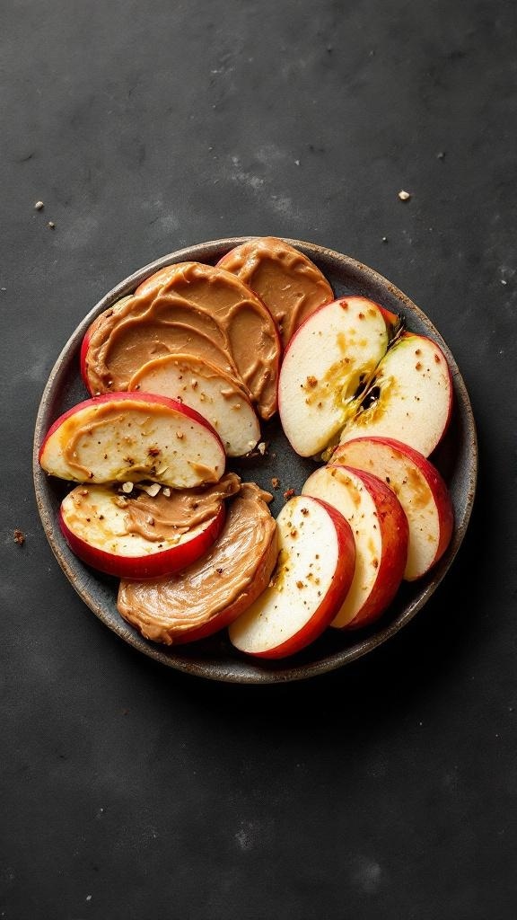 A plate of apple slices with nut butter spread on them, garnished with nuts and spices.