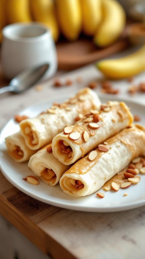 Nut Butter Banana Roll-Ups on a plate with sliced almonds on top
