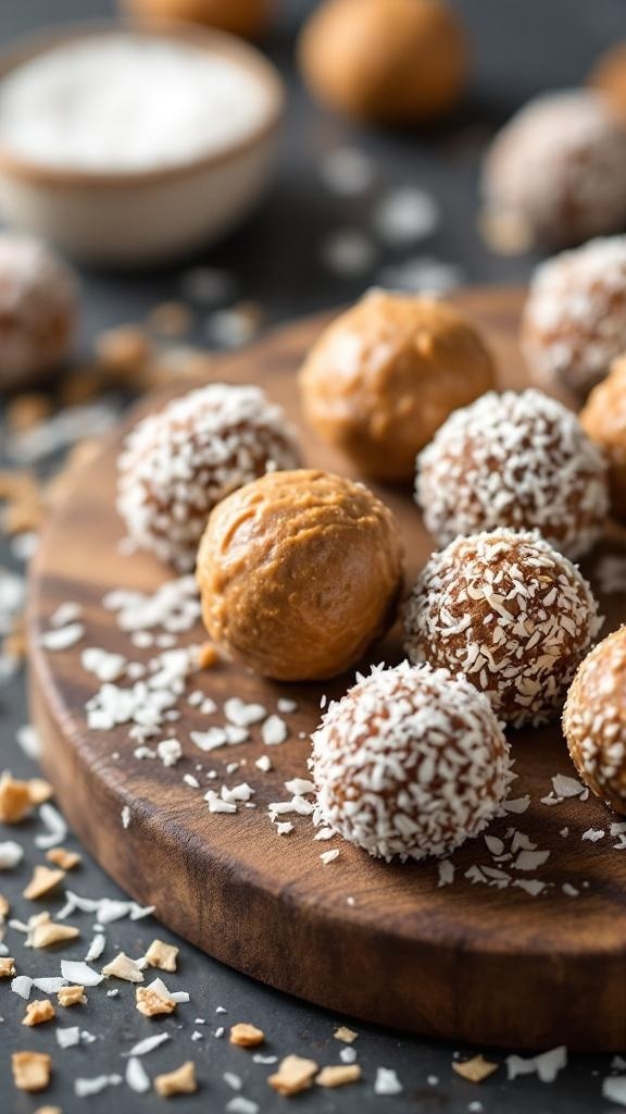 A wooden platter with various nut butter energy balls, some coated in coconut flakes, surrounded by scattered coconut and nuts.