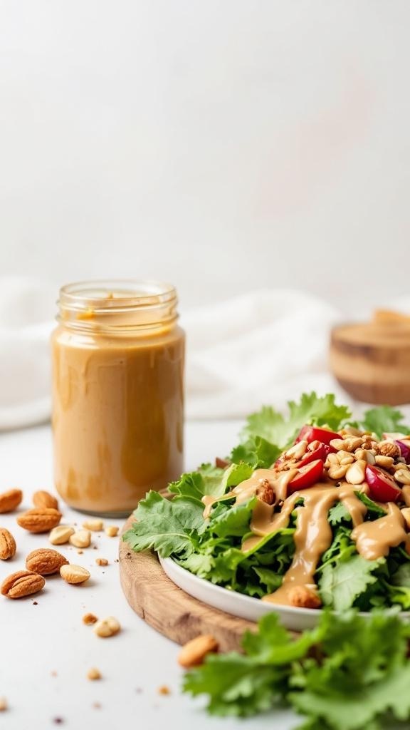 A vibrant salad topped with nut butter, surrounded by almonds and a jar of nut butter.