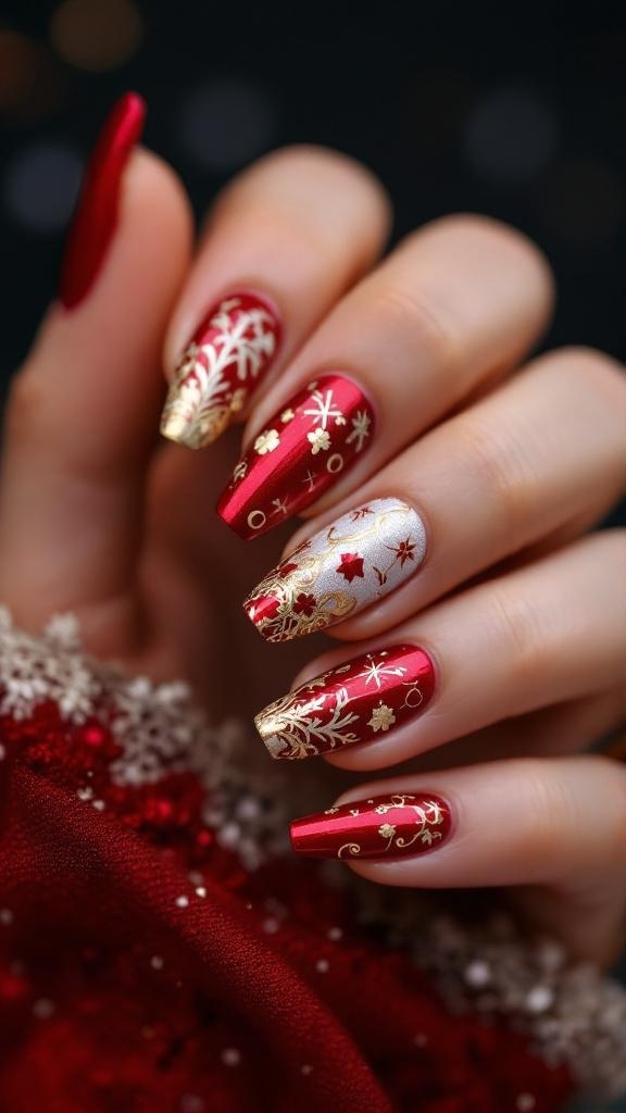 Nail design inspired by the Nutcracker ballet, featuring red base with gold accents and nutcracker figure.