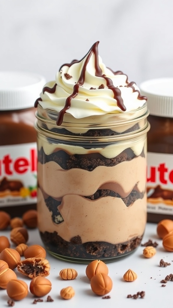 Nutella cheesecake jar with whipped cream and chocolate drizzle