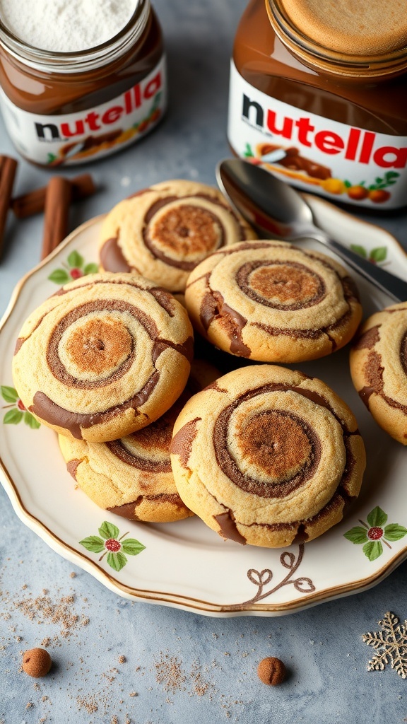 Nutella swirled snickerdoodle cookies on a decorative plate with jars of Nutella in the background.
