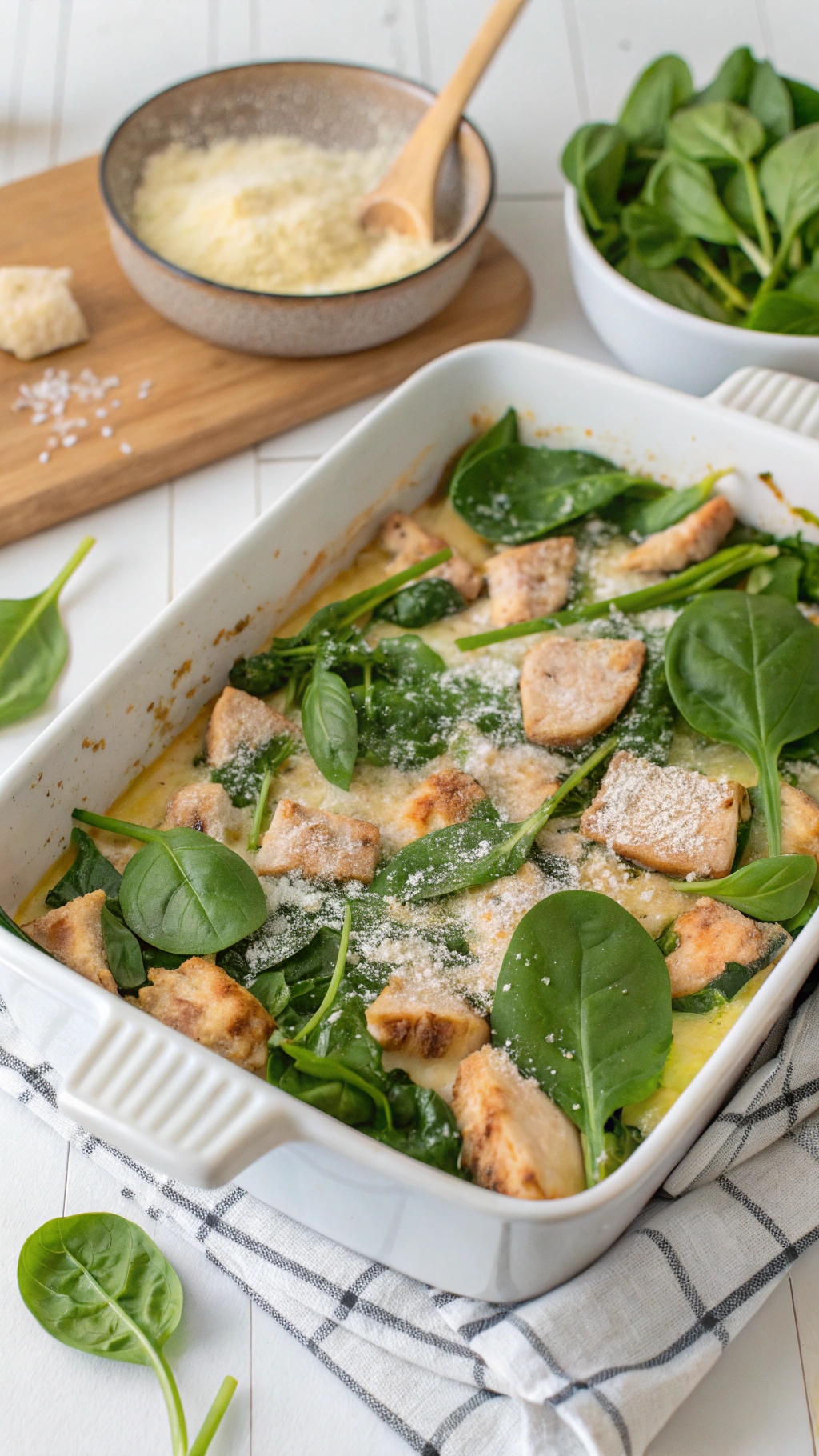 A spinach and chicken casserole in a white dish, topped with cheese and surrounded by fresh spinach leaves.