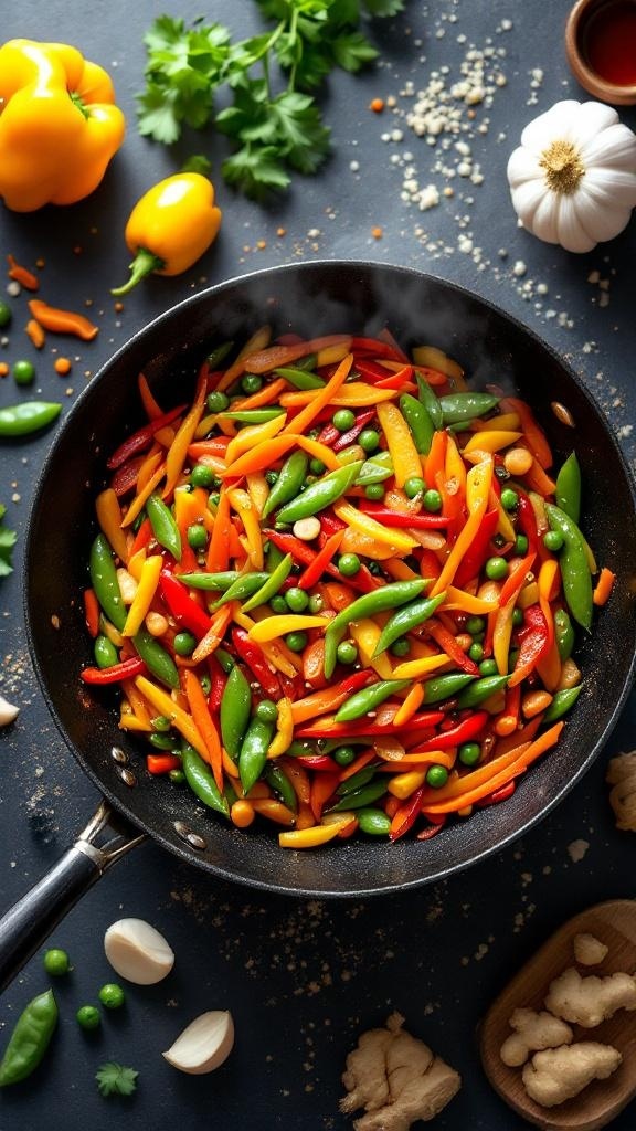 A colorful vegetable stir-fry in a black skillet with fresh ingredients surrounding it.