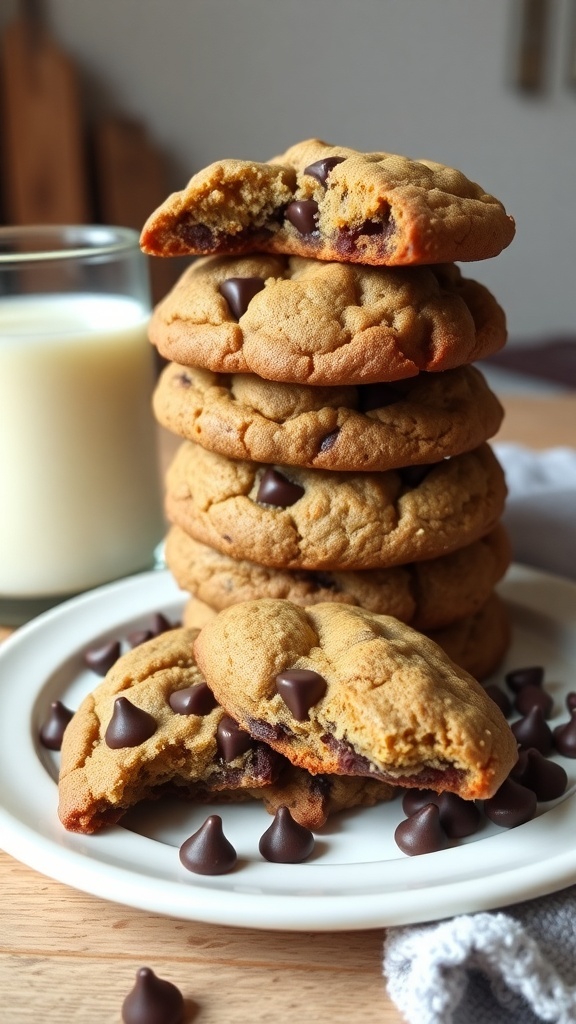 A stack of quinoa chocolate chip cookies with a glass of milk beside them.