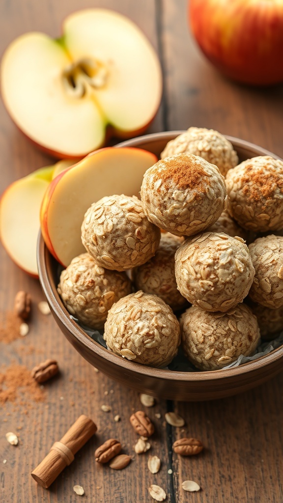 A bowl of apple cinnamon energy bites with fresh apple slices and cinnamon sticks