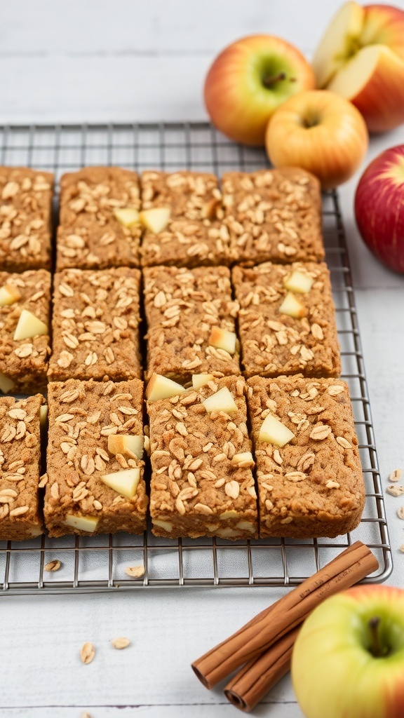 Nutritious apple cinnamon oat bars on a cooling rack with fresh apples and cinnamon sticks.