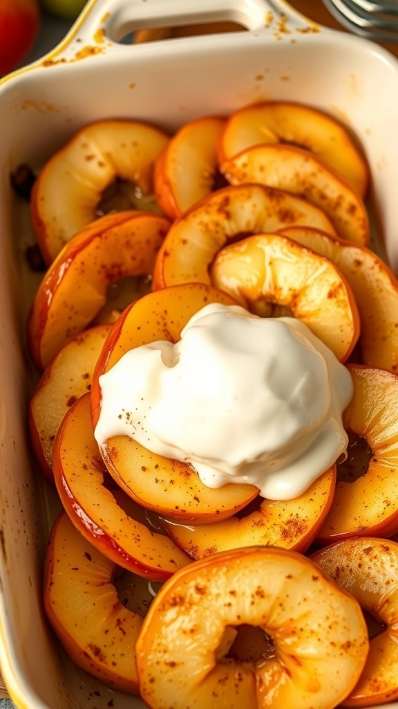 Baked apple slices topped with yogurt and cinnamon in a baking dish
