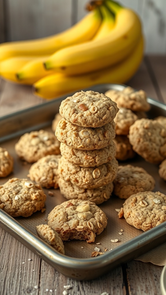 A tray of banana oat cookies with bananas in the background