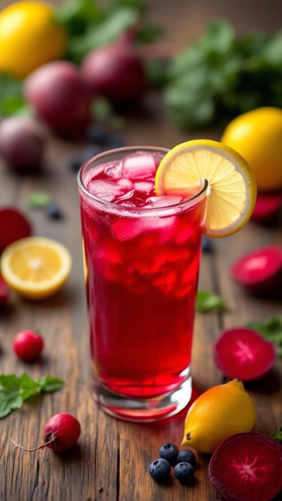 A refreshing glass of beetroot and lemon drink garnished with a lemon slice, surrounded by fresh ingredients.