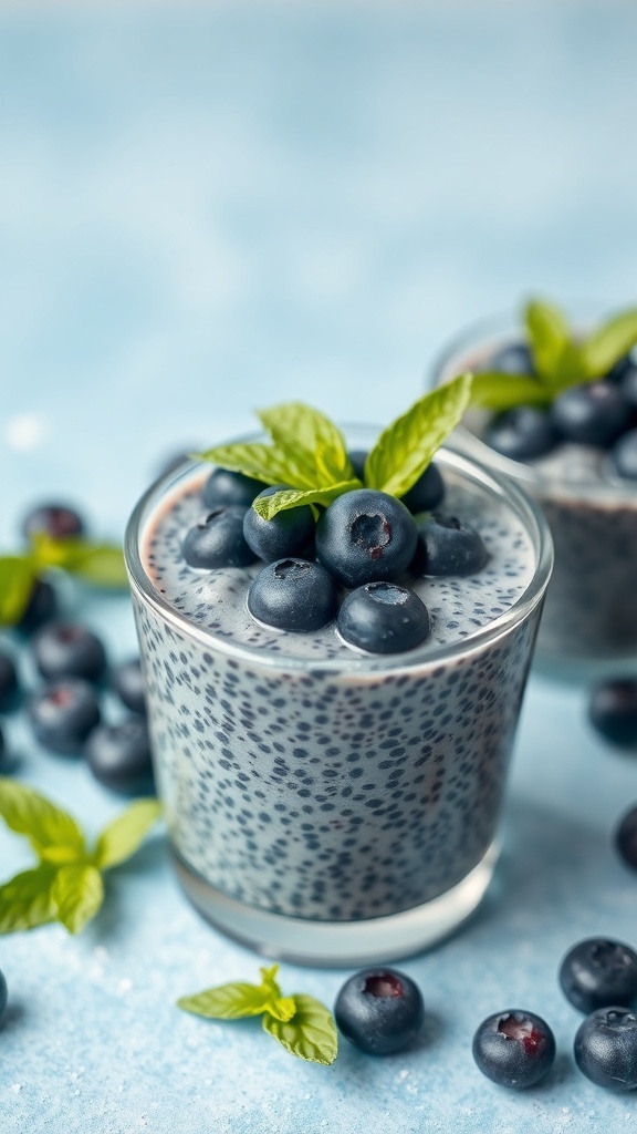 A glass of blueberry chia seed pudding topped with fresh blueberries and mint leaves.