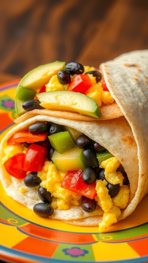A nutritious breakfast burrito filled with scrambled eggs, black beans, and colorful veggies.