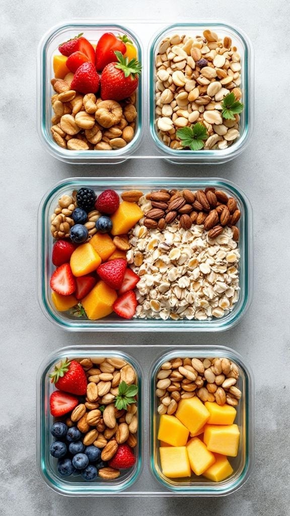 Containers filled with fruits, nuts, and oats for meal prep.