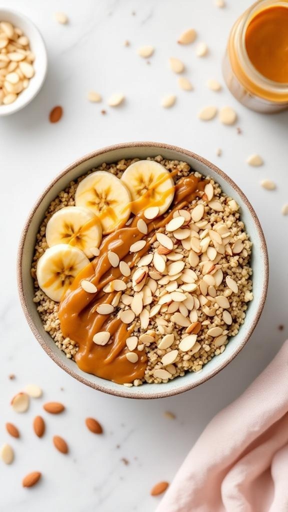 A nutritious quinoa bowl topped with banana slices, almond butter, and sliced almonds.