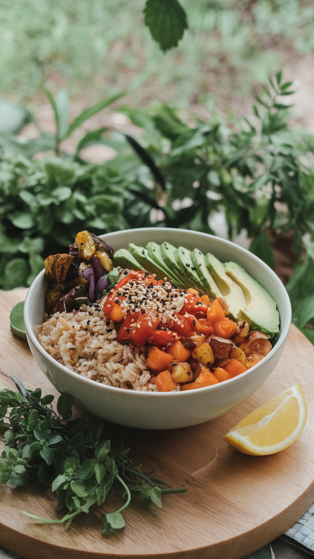 A colorful Buddha bowl with brown rice, roasted sweet potatoes, cherry tomatoes, avocado, and chickpeas.