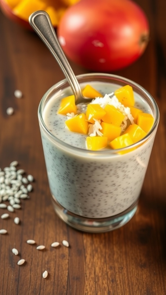 A glass of chia seed pudding topped with diced mango and shredded coconut.