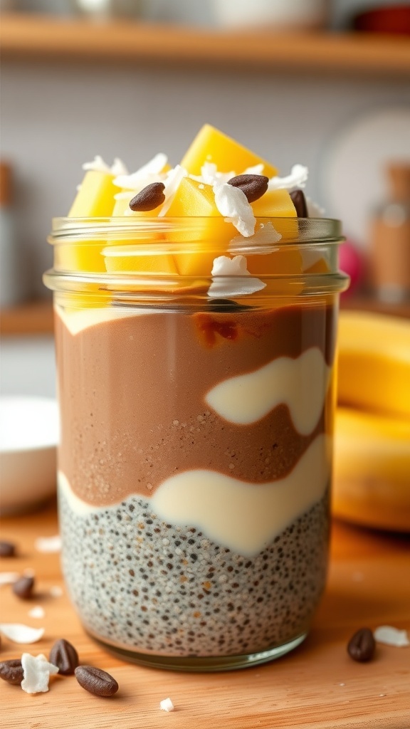 A jar of layered chia seed pudding with chocolate, yogurt, and mango, topped with coconut flakes and coffee beans.