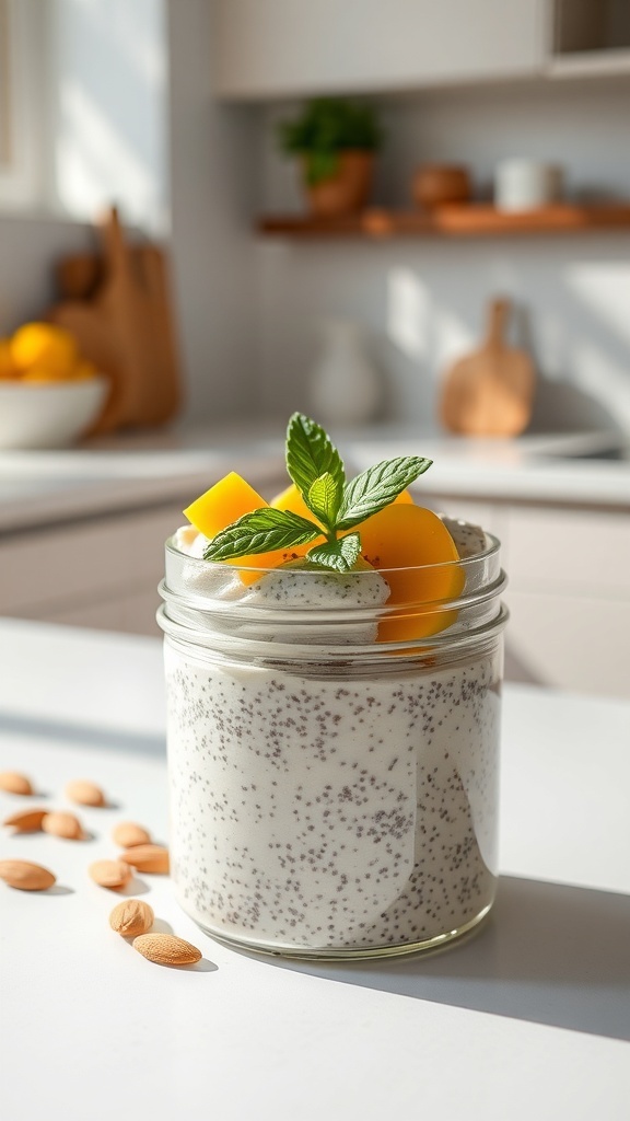 A jar of chia seed pudding topped with mango and mint, surrounded by almonds.