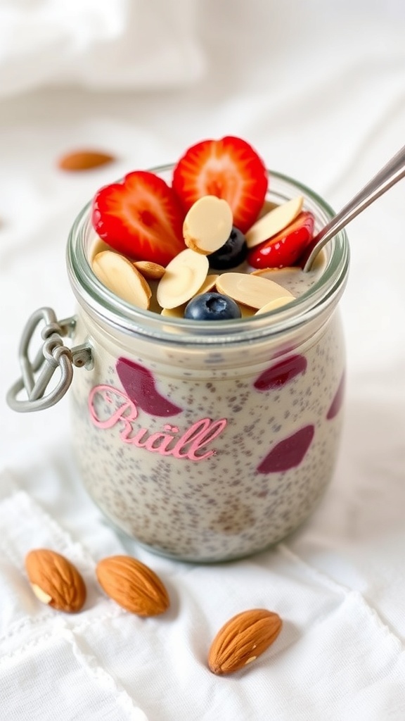 Chia seed pudding topped with strawberries, blueberries, and almonds in a glass jar.