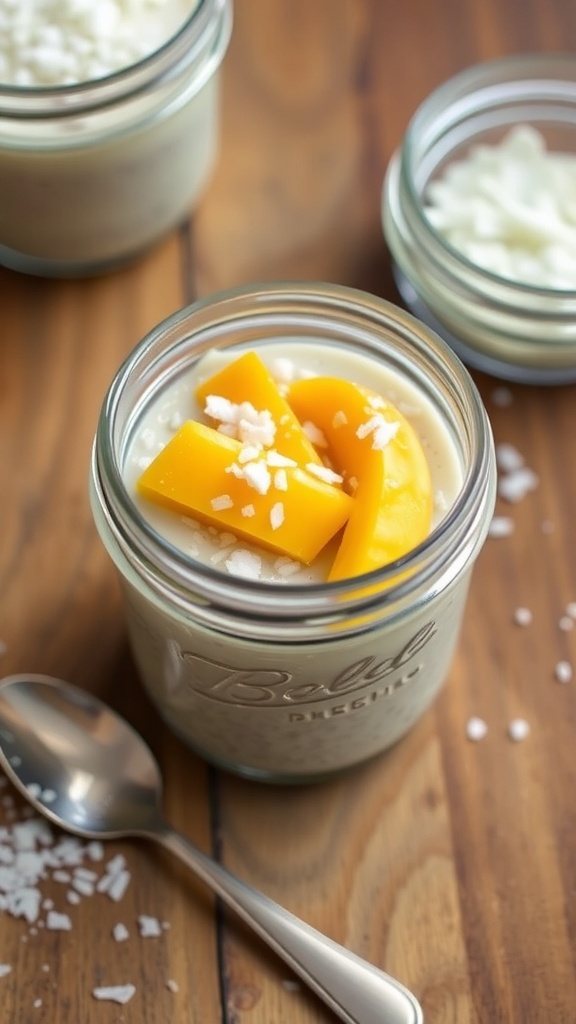 Chia seed pudding topped with mango slices and shredded coconut in a glass jar
