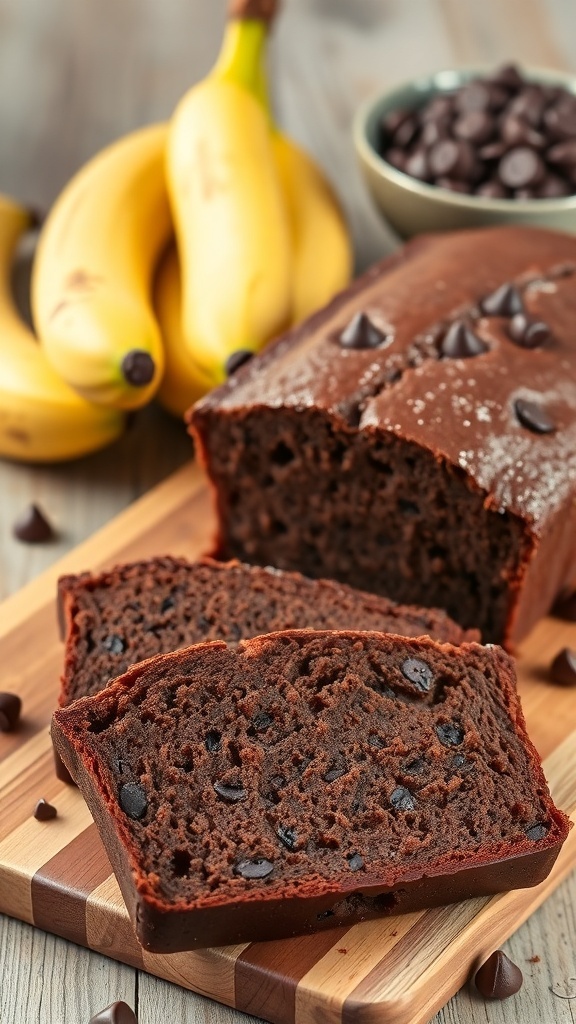 Moist chocolate banana bread with slices cut, surrounded by bananas and chocolate chips