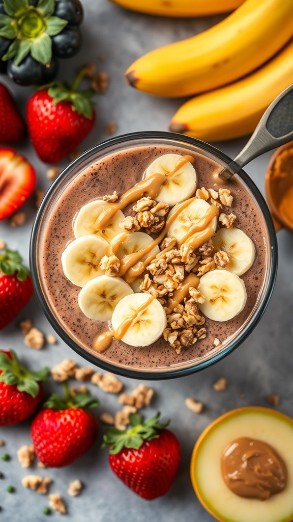 A delicious chocolate peanut butter smoothie bowl topped with banana slices, granola, and strawberries.