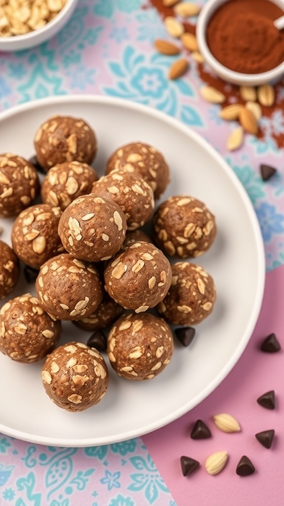 A plate of chocolate protein energy balls made with oats and nuts, surrounded by ingredients like oats, cocoa powder, and chocolate chips.