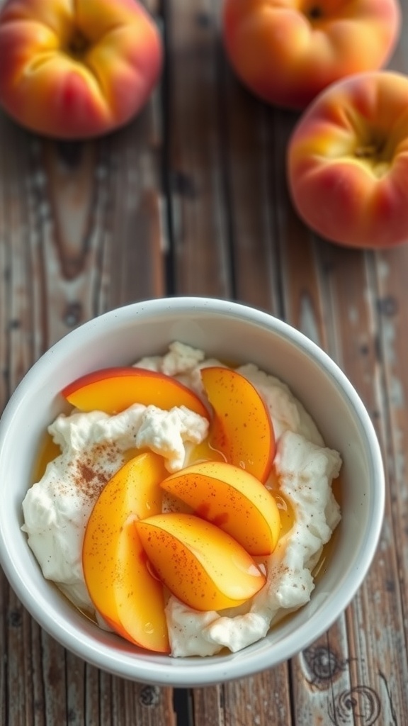A bowl of cottage cheese topped with peach slices and honey.